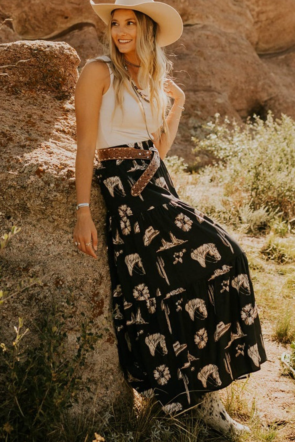 Gelaagde Ruffle Maxi Rok in Western Stijl