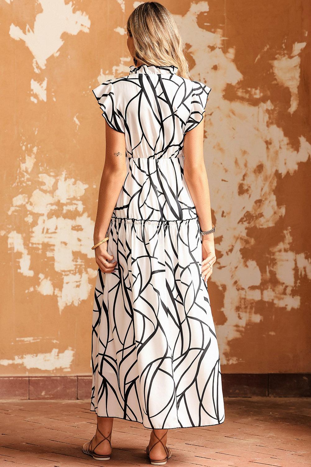 Abstract Geaderde V-Hals Ruches Maxi Jurk - Maxi Dresses - Jurkjes.co