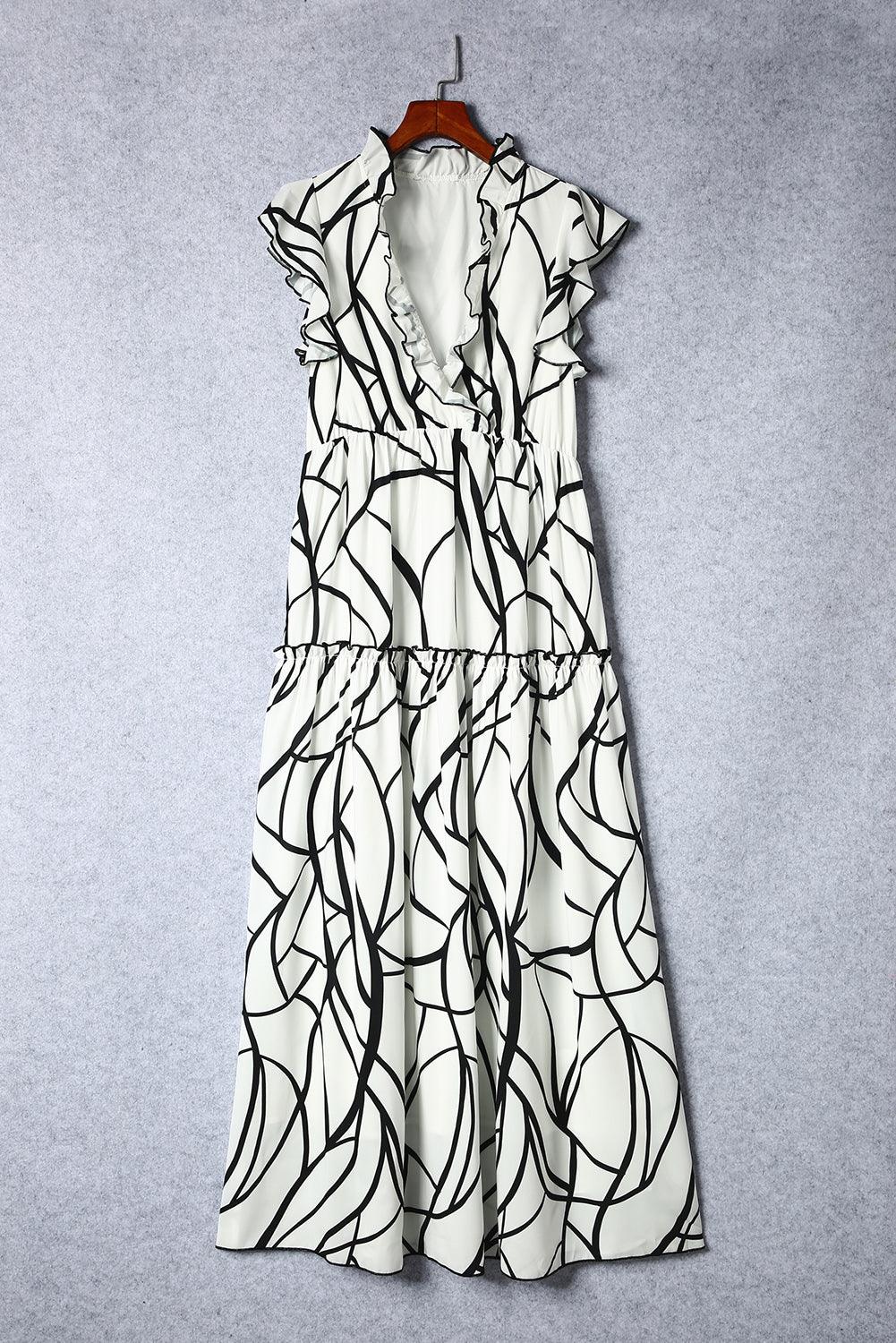 Abstract Geaderde V-Hals Ruches Maxi Jurk - Maxi Dresses - Jurkjes.co