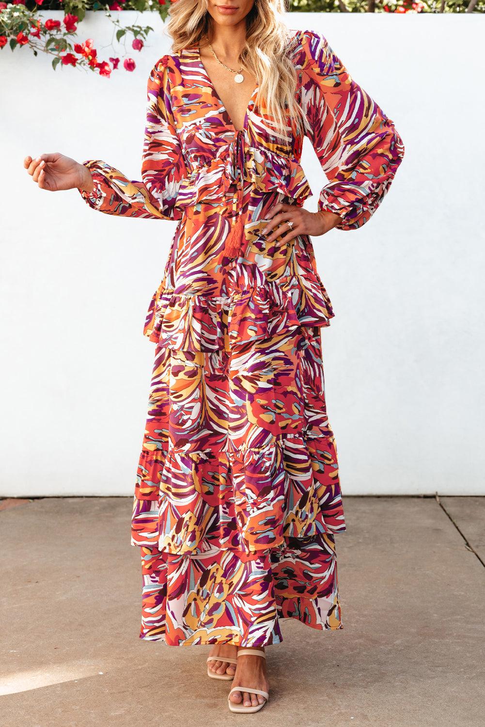 Abstract Print Volant Maxi-Jurk met Pofmouwen - Maxi Dresses - Jurkjes.co