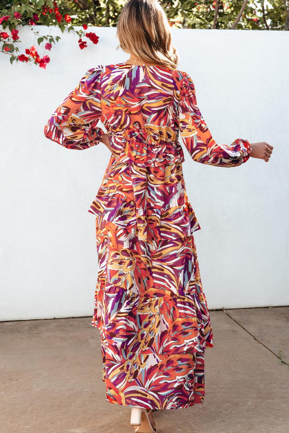 Abstract Print Volant Maxi-Jurk met Pofmouwen - Maxi Dresses - Jurkjes.co