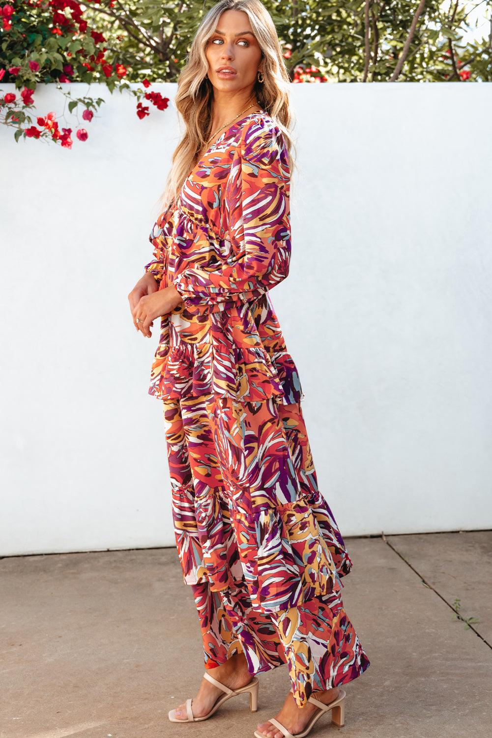 Abstract Print Volant Maxi-Jurk met Pofmouwen - Maxi Dresses - Jurkjes.co