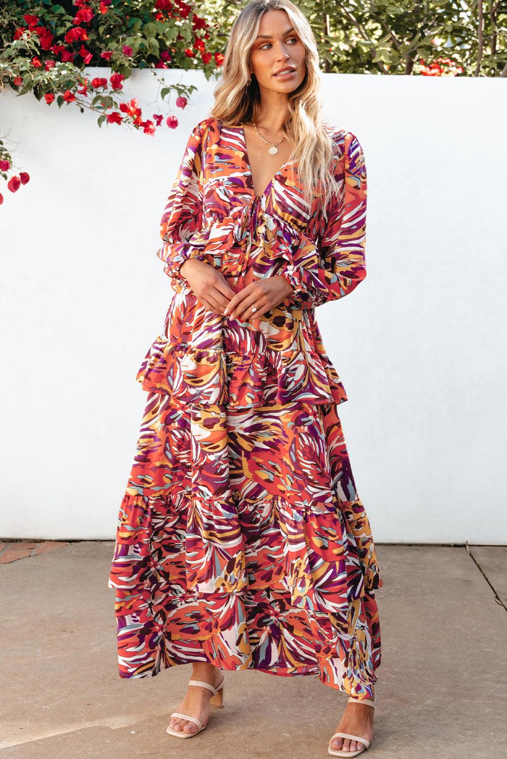 Abstract Print Volant Maxi-Jurk met Pofmouwen - Maxi Dresses - Jurkjes.co