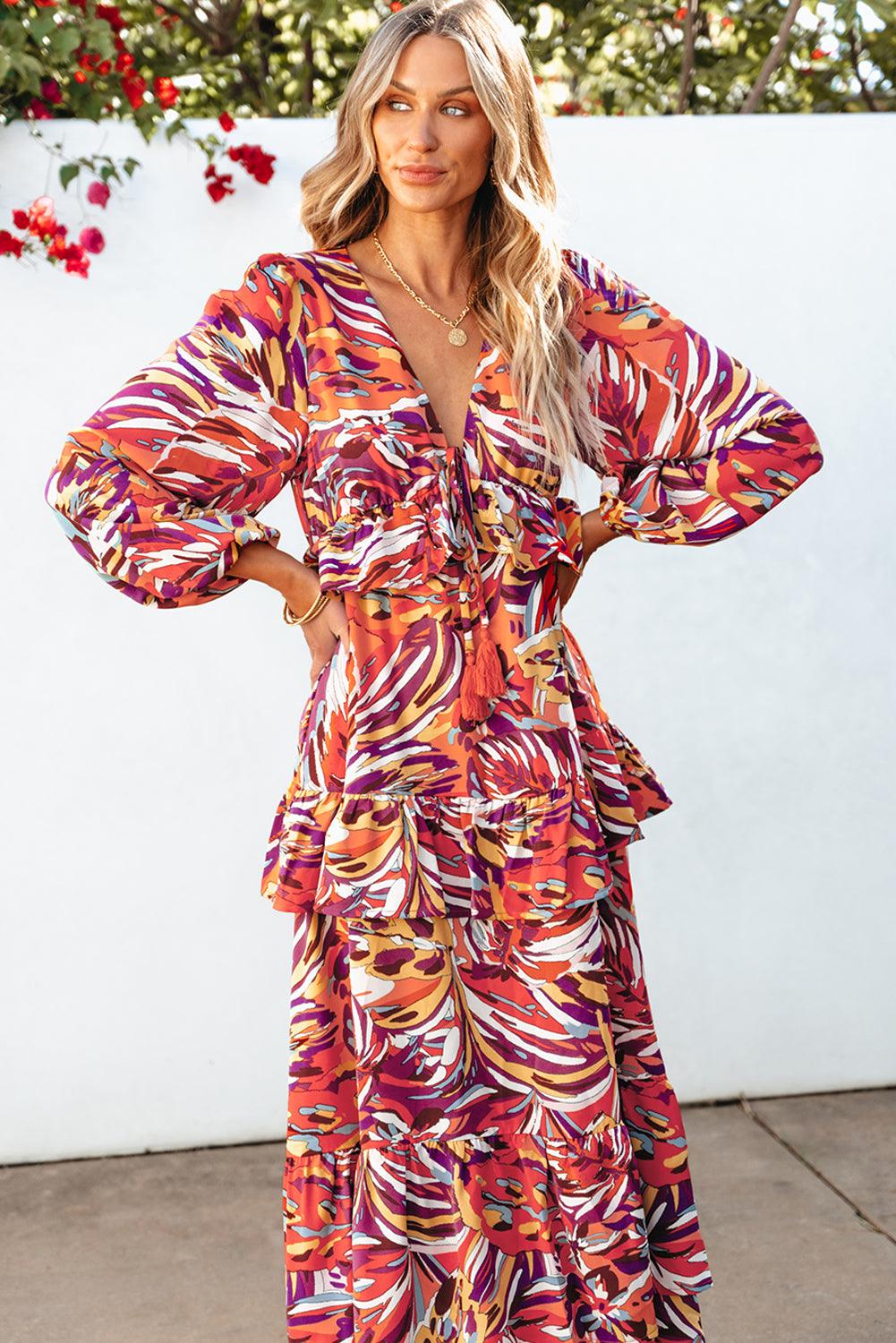 Abstract Print Volant Maxi-Jurk met Pofmouwen - Maxi Dresses - Jurkjes.co