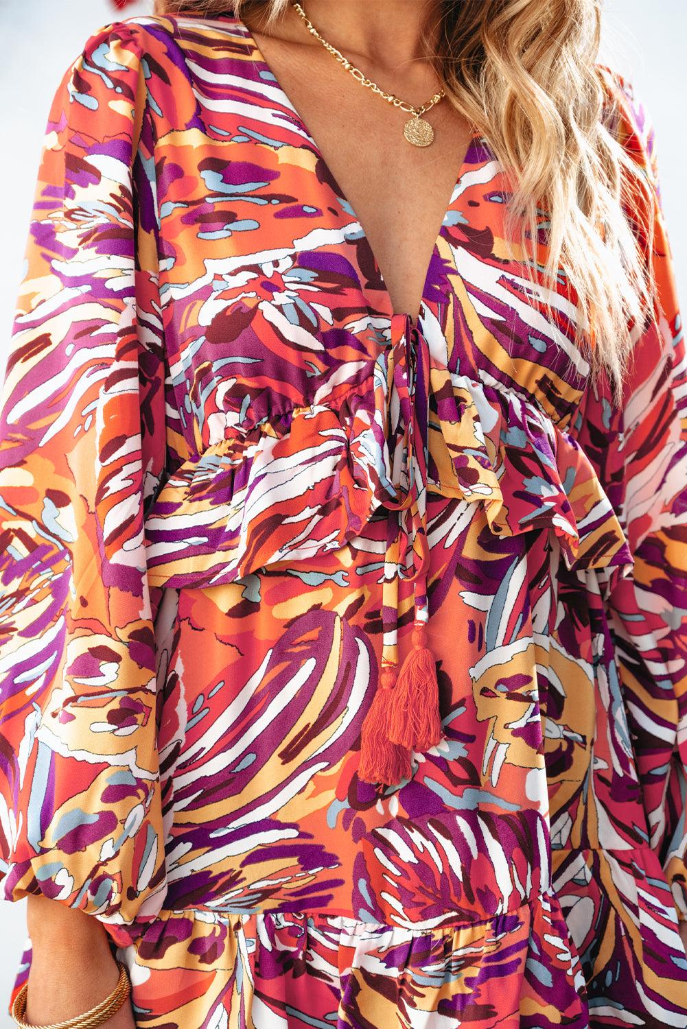 Abstract Print Volant Maxi-Jurk met Pofmouwen - Maxi Dresses - Jurkjes.co