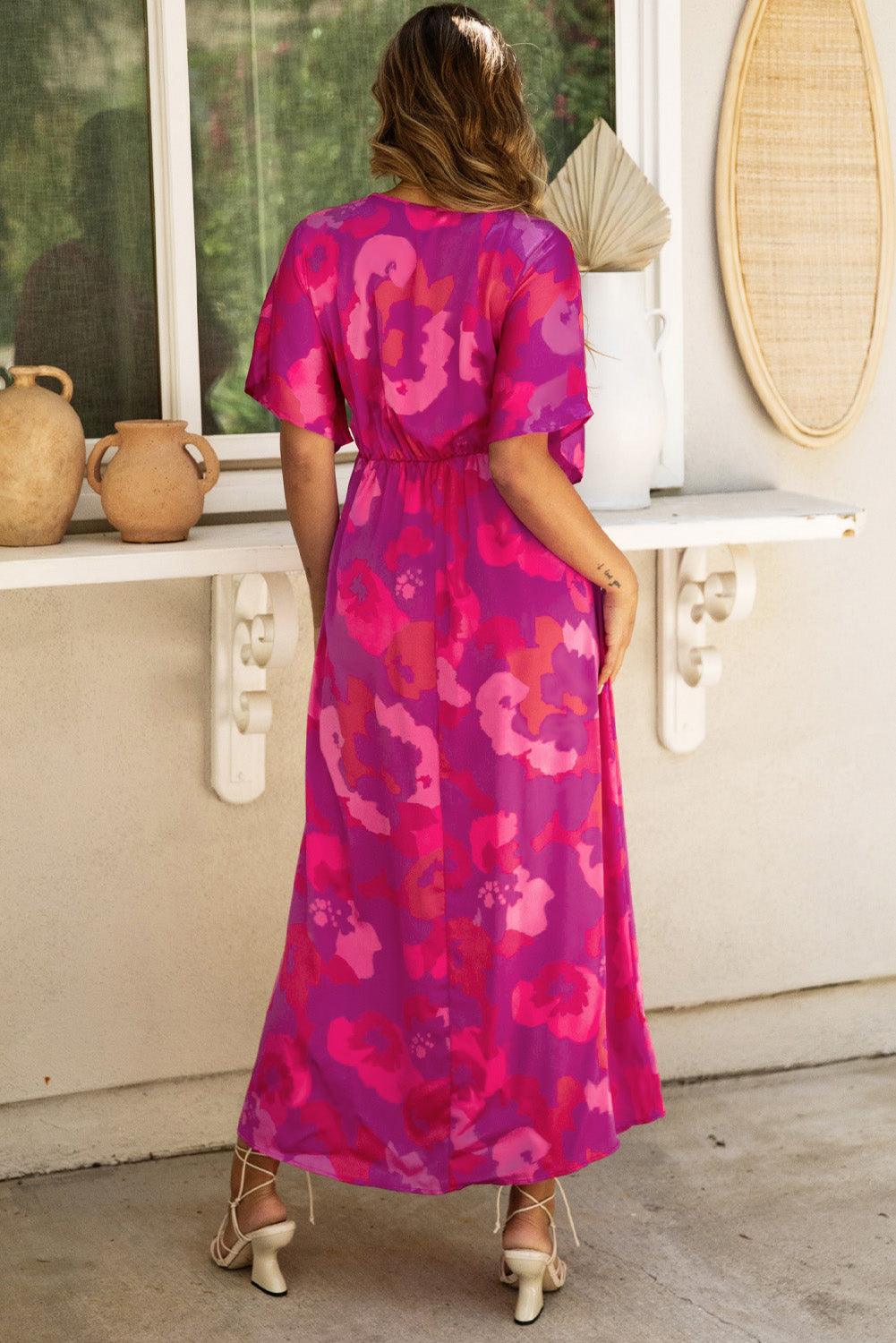 Abstracte Bloemenprint Maxi Jurk met V-Hals - Maxi Dresses - Jurkjes.co