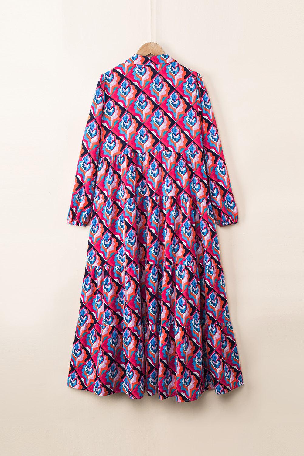 Abstracte Geometrische Print Jurk met Lange Mouwen - Maxi Dresses - Jurkjes.co