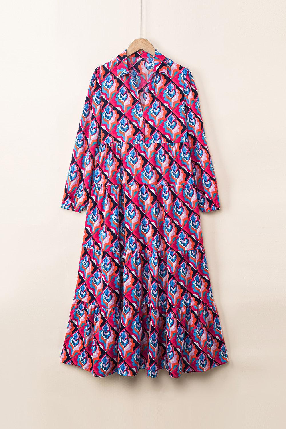 Abstracte Geometrische Print Jurk met Lange Mouwen - Maxi Dresses - Jurkjes.co