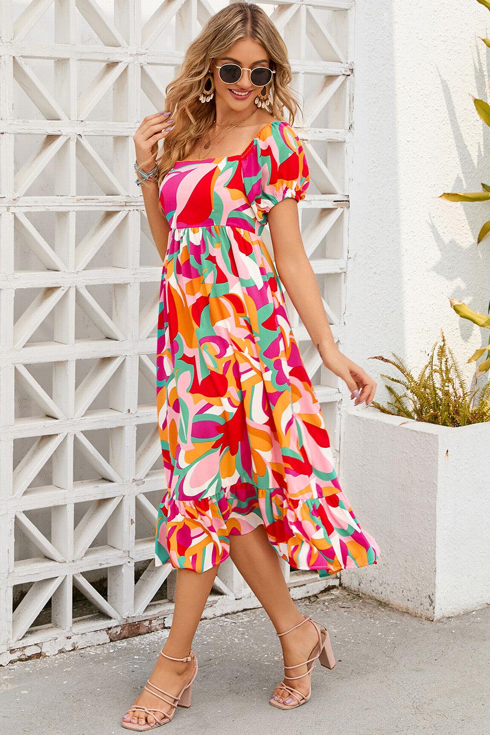 Abstracte Print Midi-Jurk met Vierkante Hals - Midi Dresses - Jurkjes.co