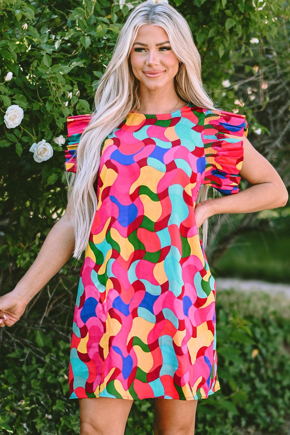 Abstracte Print Ruffle Mouw Shift Mini Jurk - Mini Dresses - Jurkjes.co