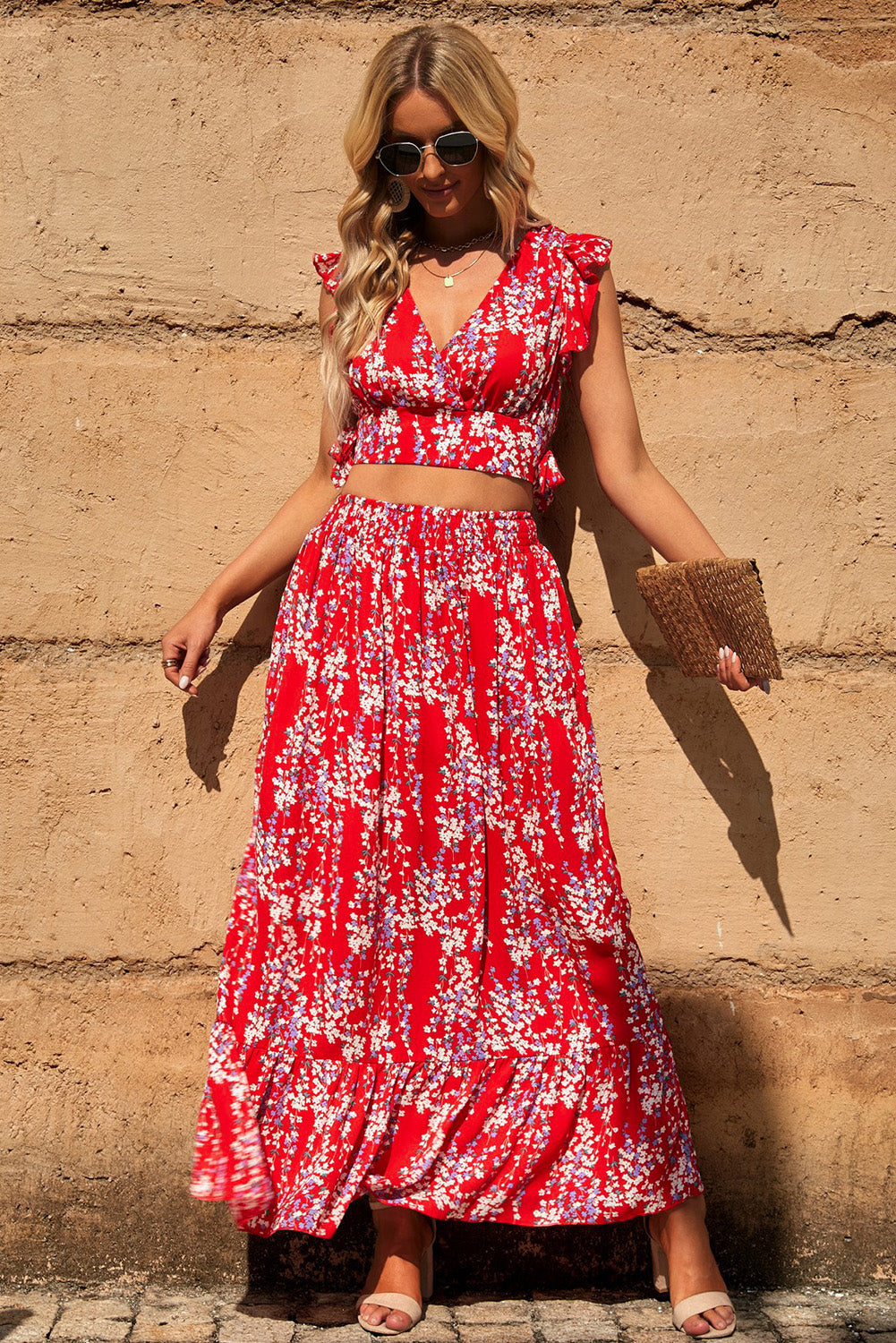 Ruffle Crop Top en Maxi Rok Set met Bloemenprint