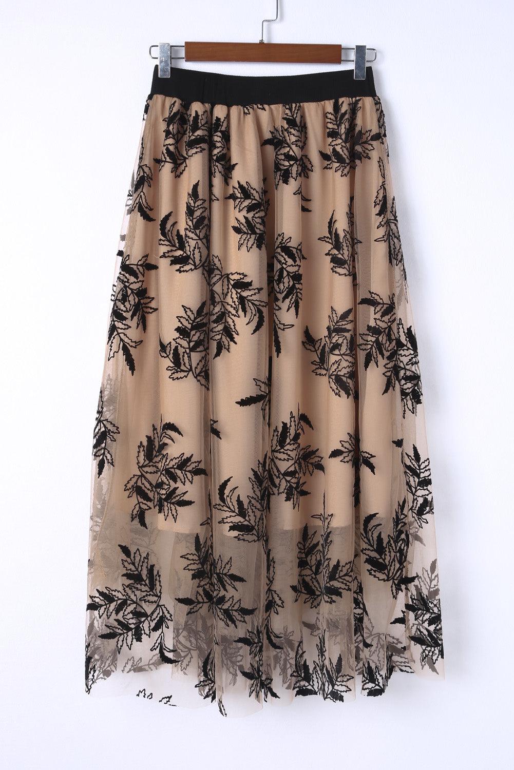 Apricot Floral Leaves Embroidered High Waist Maxi Skirt - Skirts & Petticoat - Jurkjes.co