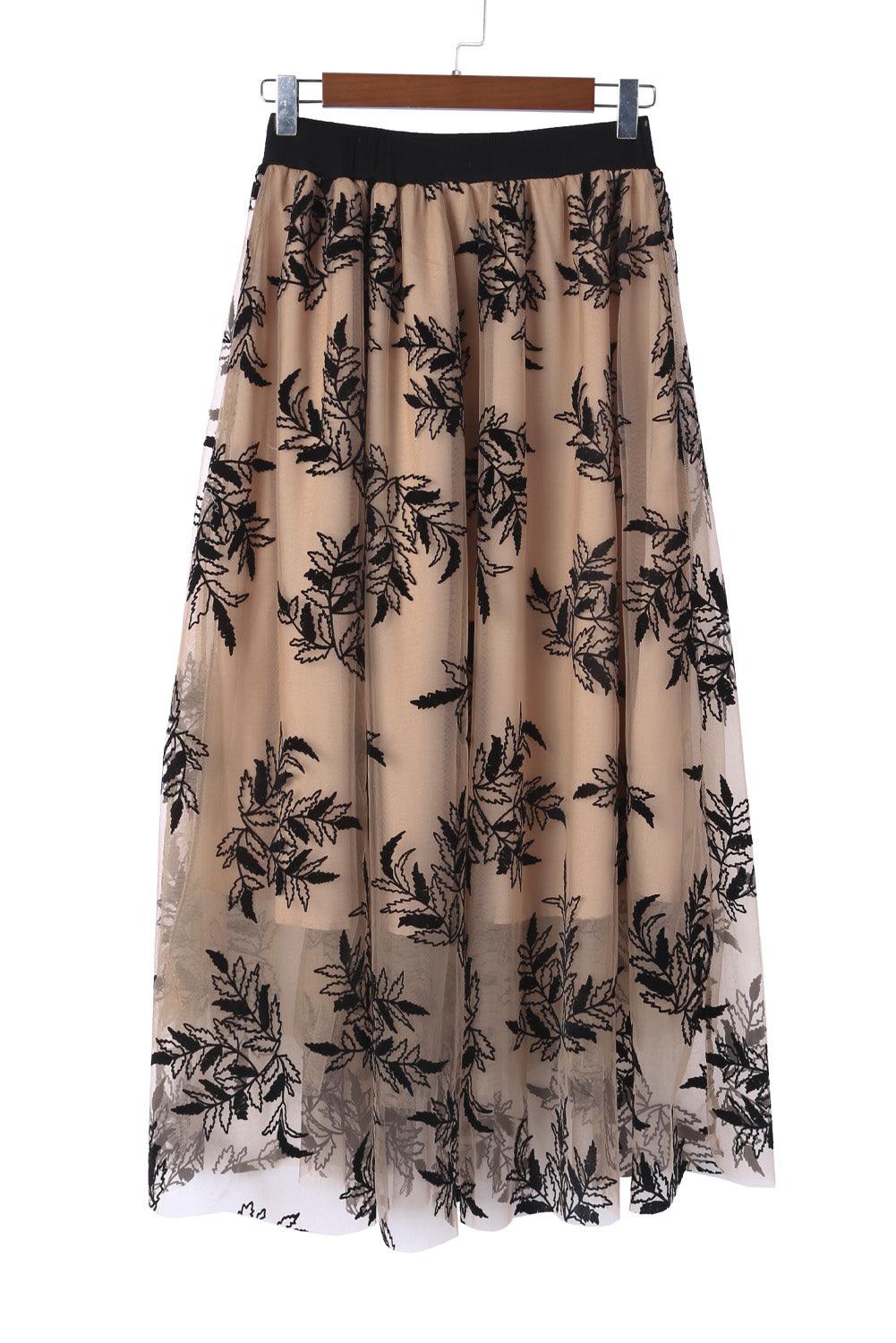 Apricot Floral Leaves Embroidered High Waist Maxi Skirt - Skirts & Petticoat - Jurkjes.co