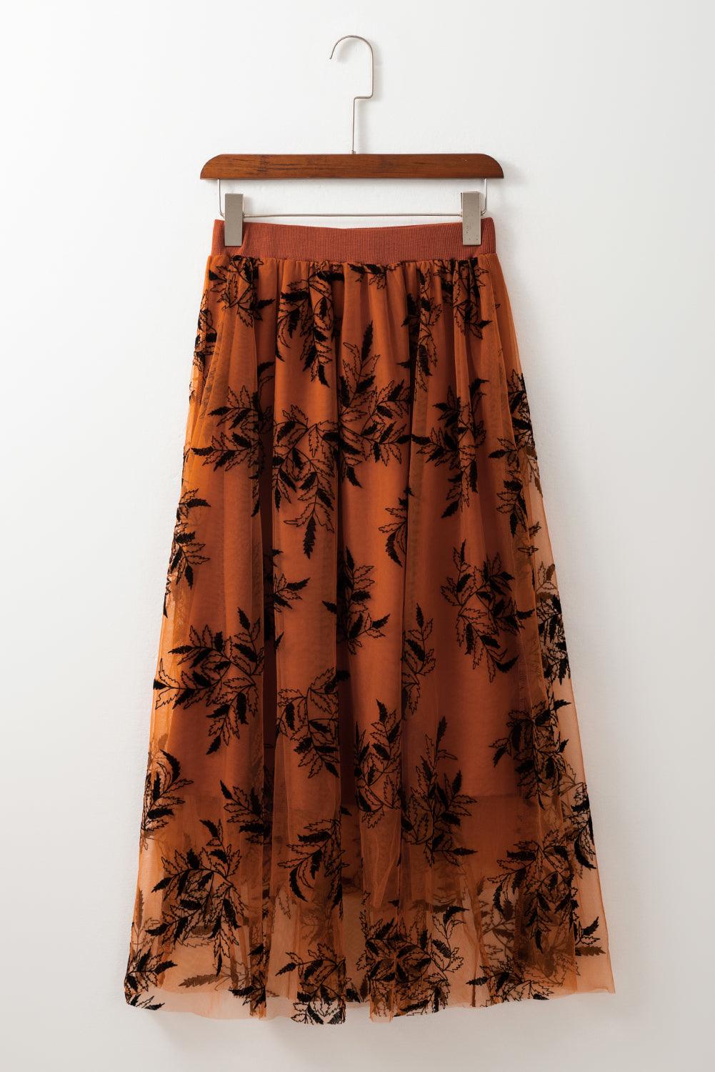 Apricot Floral Leaves Embroidered High Waist Maxi Skirt - Skirts & Petticoat - Jurkjes.co