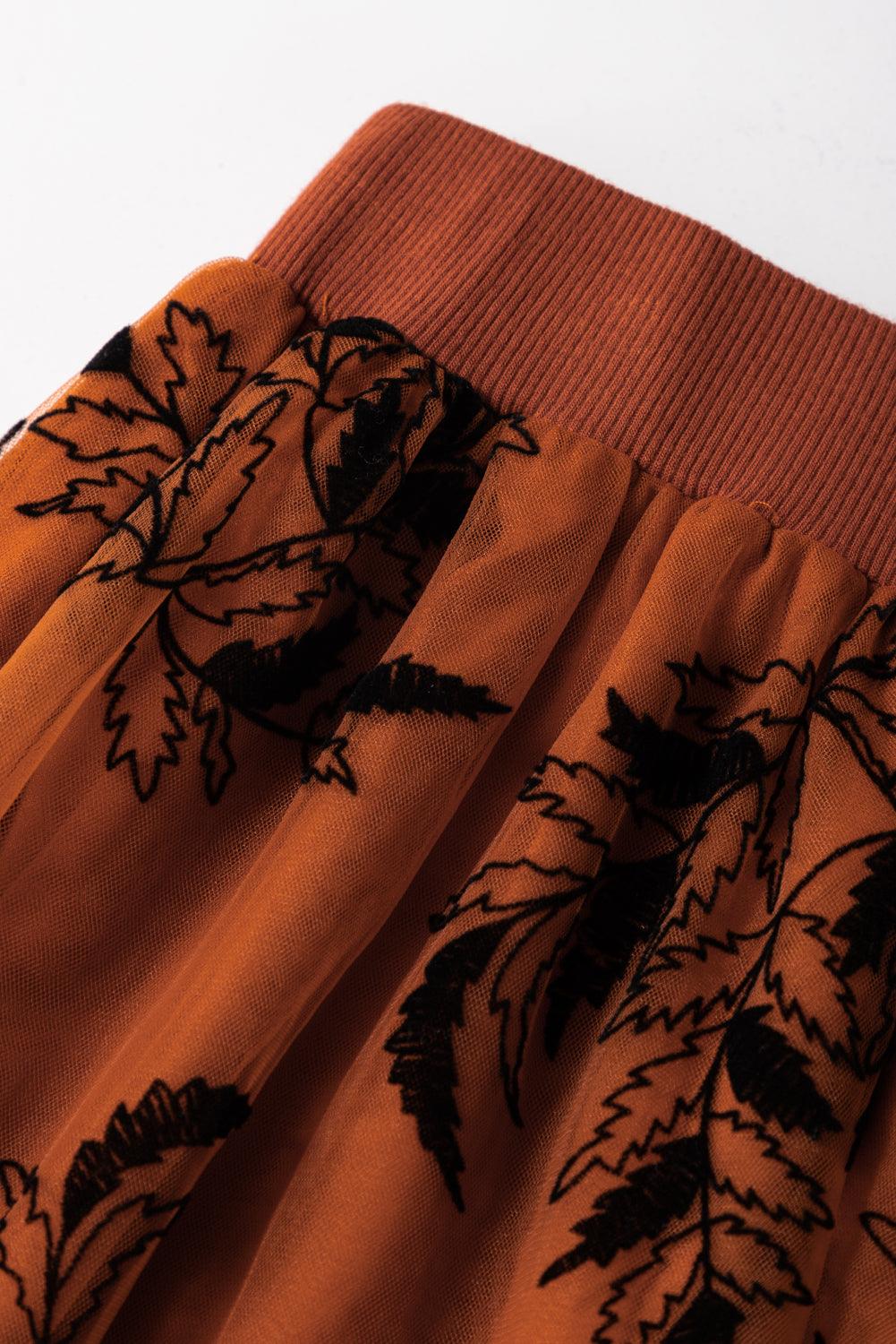 Apricot Floral Leaves Embroidered High Waist Maxi Skirt - Skirts & Petticoat - Jurkjes.co