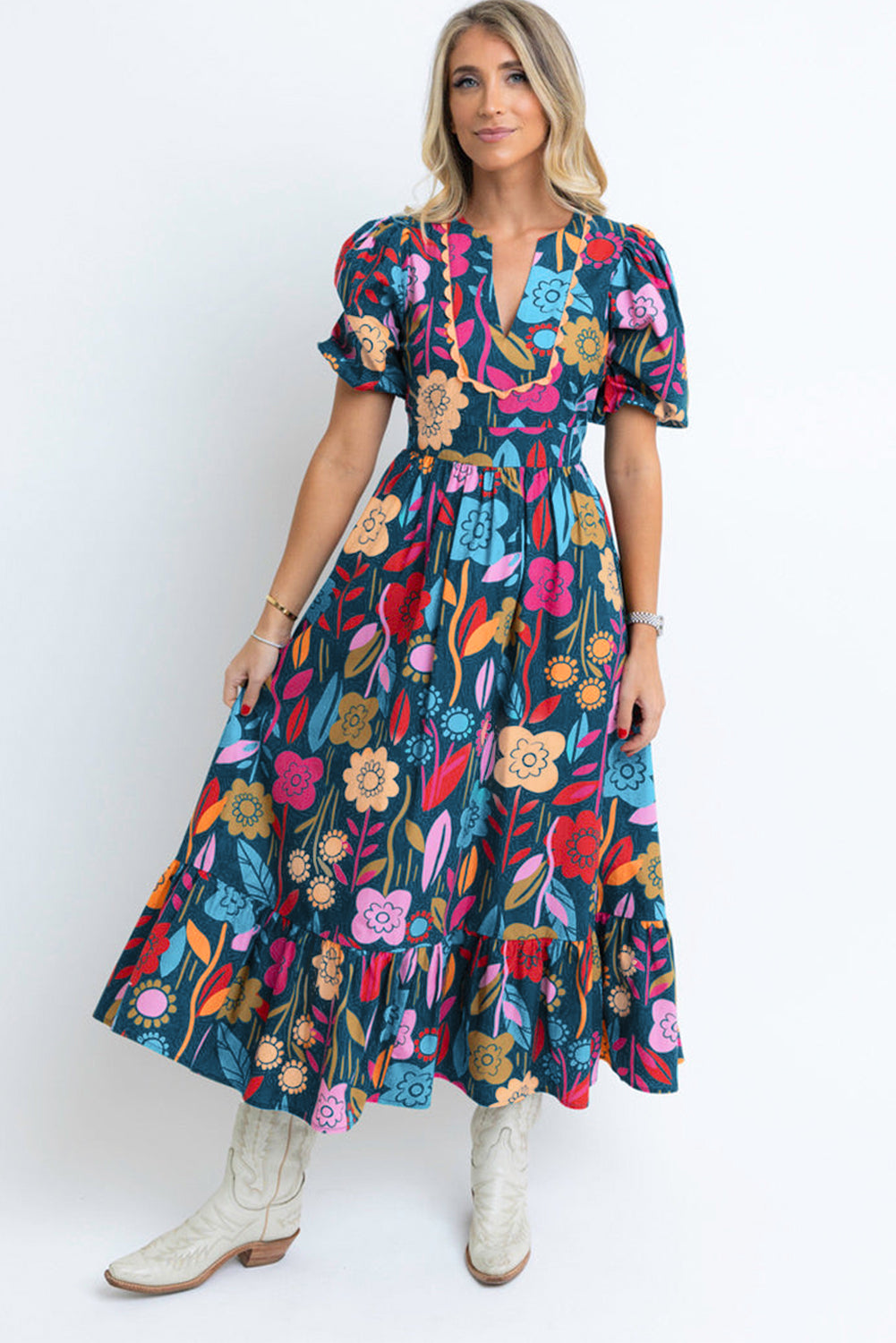 Retro Bloemenprint Maxi-Jurk met Halsopening