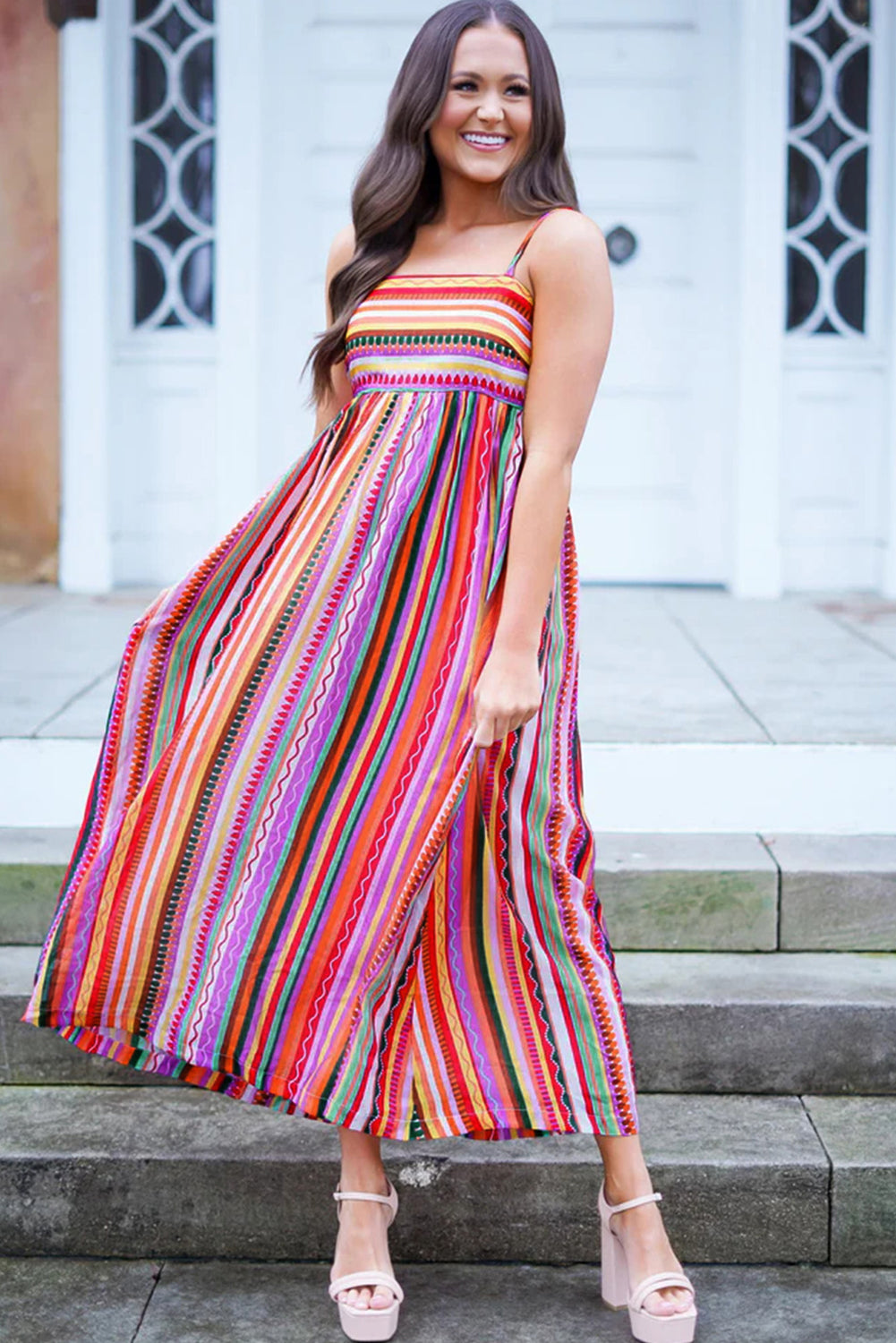 Boho Maxi Jurk met Dunne Bandjes en Smocked Rug