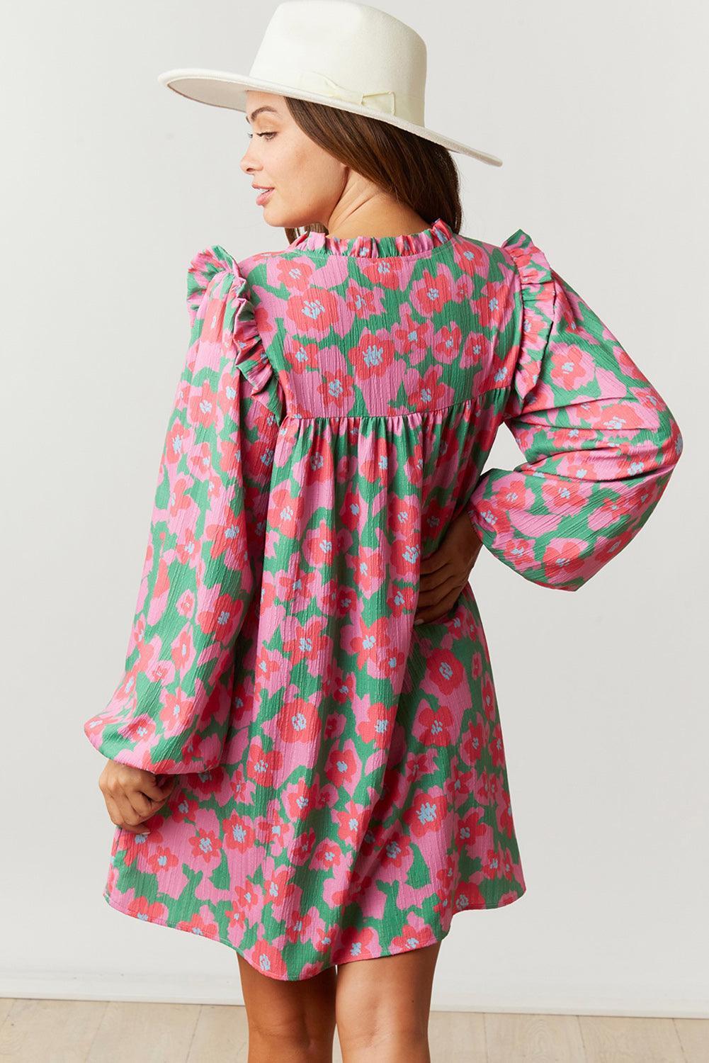 Bloem Jurk met V-Hals en Bubbelmouwen - Floral Dresses - Jurkjes.co