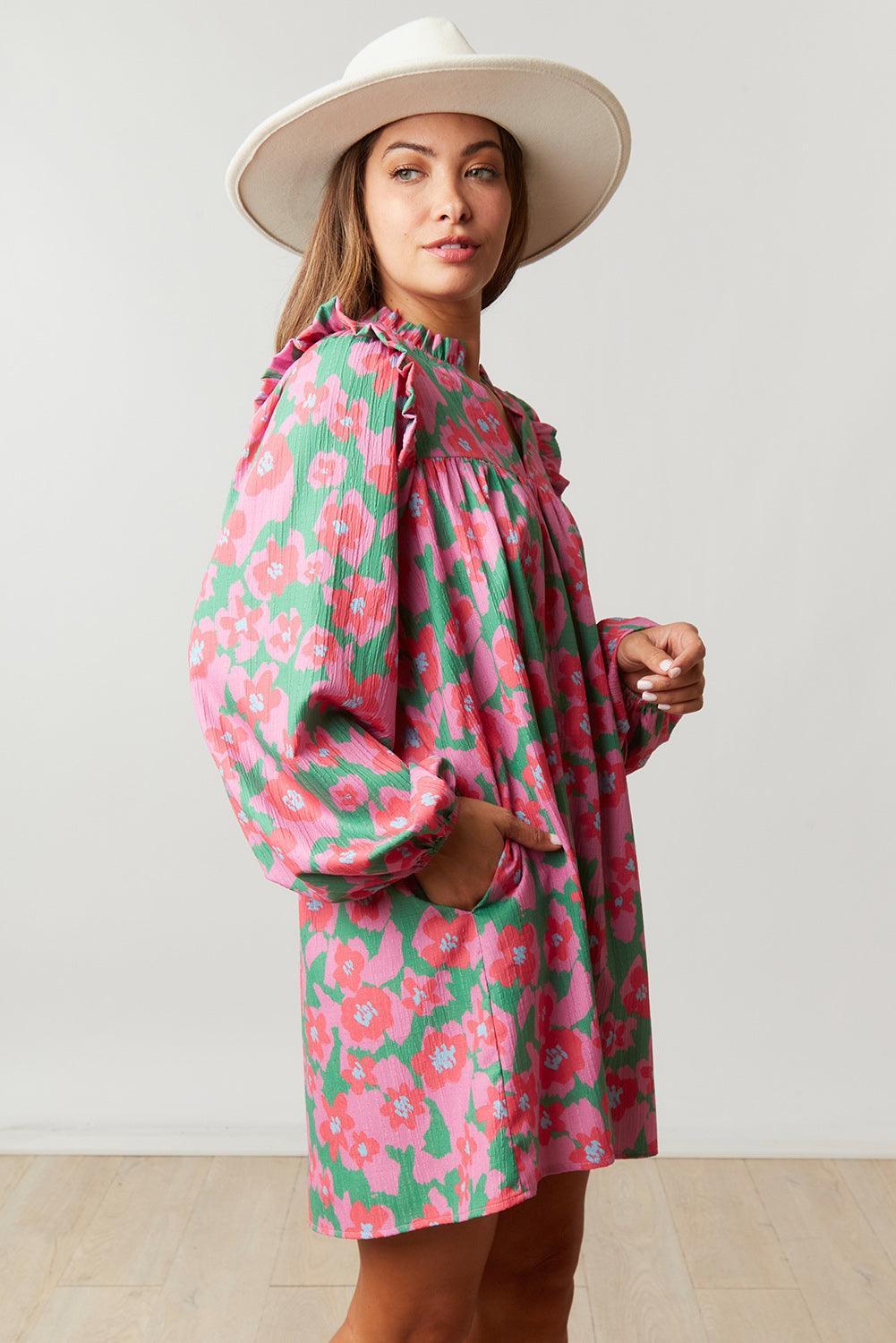 Bloem Jurk met V-Hals en Bubbelmouwen - Floral Dresses - Jurkjes.co