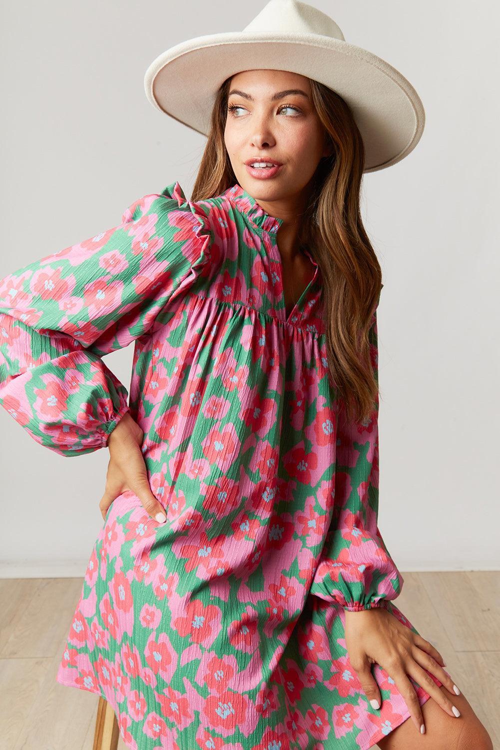 Bloem Jurk met V-Hals en Bubbelmouwen - Floral Dresses - Jurkjes.co