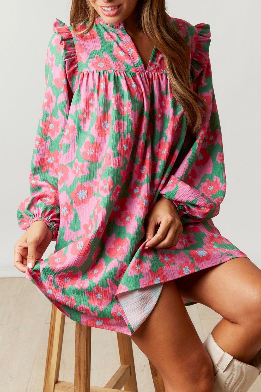 Bloem Jurk met V-Hals en Bubbelmouwen - Floral Dresses - Jurkjes.co