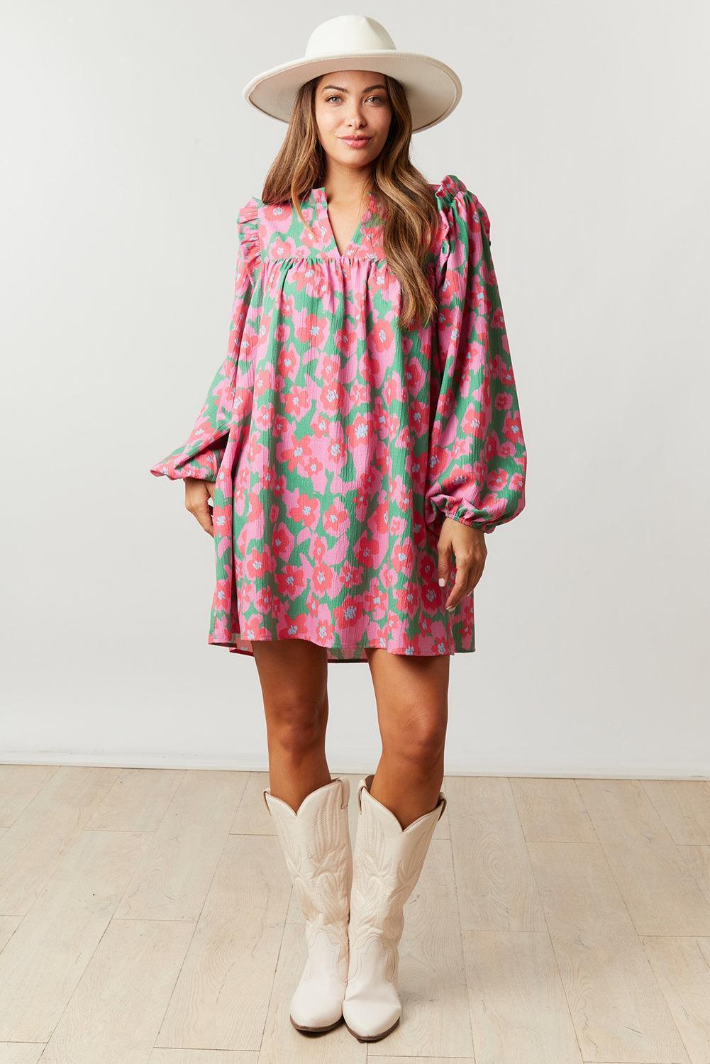 Bloem Jurk met V-Hals en Bubbelmouwen - Floral Dresses - Jurkjes.co