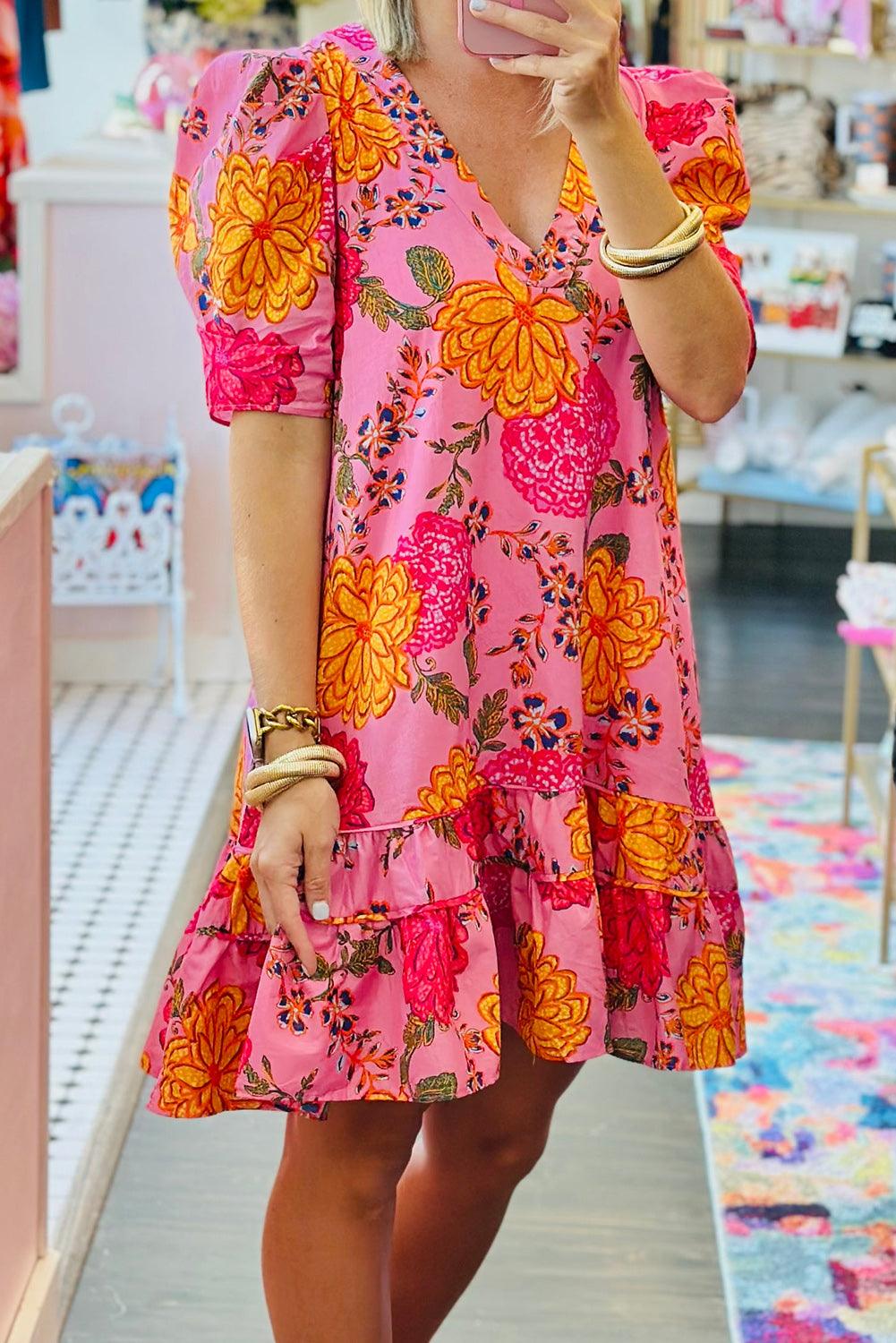 Bloemen Mini Jurk met Ruches en Pofmouwen - Floral Dresses - Jurkjes.co