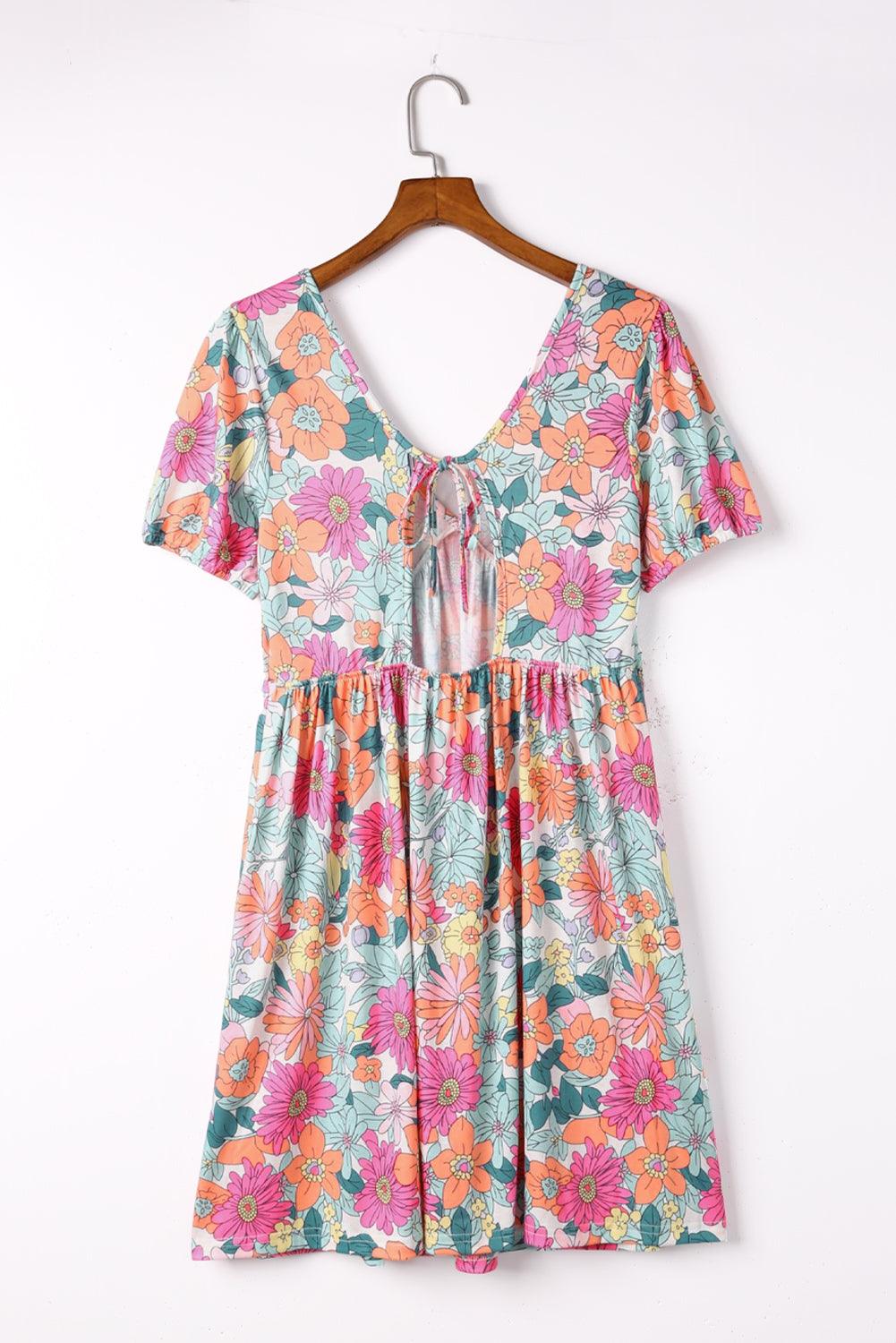 Bloemenprint Jurk met Strik en Korte Mouwen - Floral Dresses - Jurkjes.co