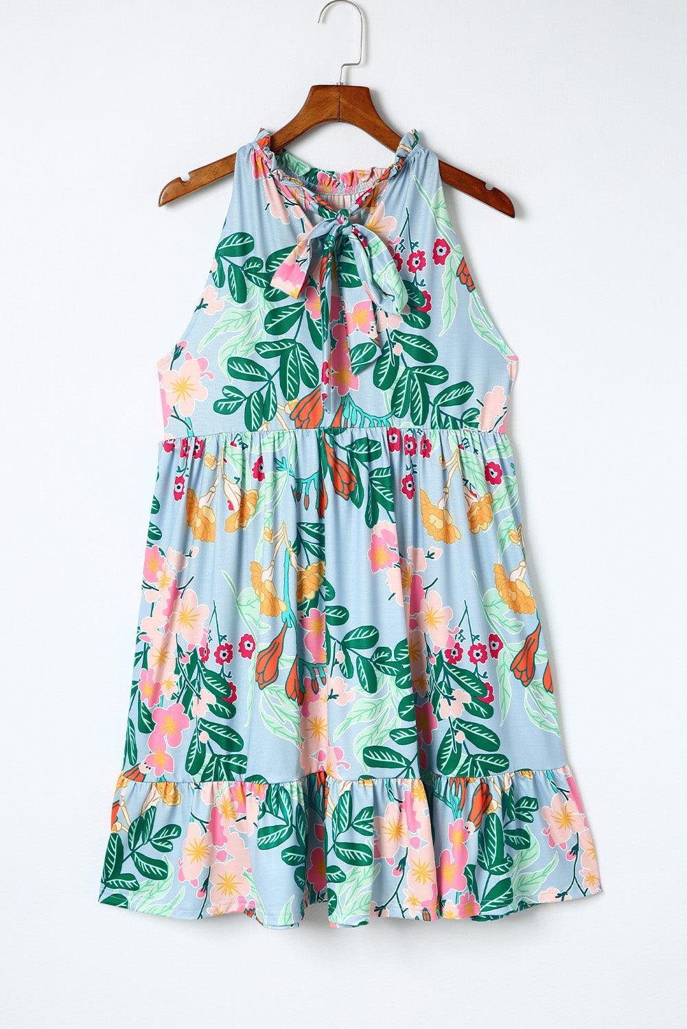 Bloemenprint Mini Jurk met Ruches en Halslint - Floral Dresses - Jurkjes.co