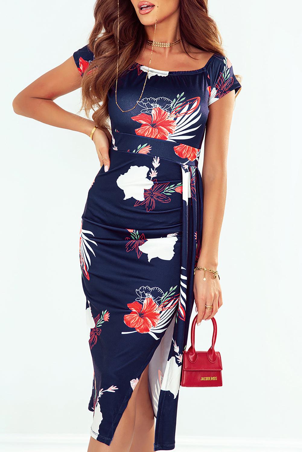 Bloemenprint Off-Shoulder Jurk met Korte Mouw - Floral Dresses - Jurkjes.co