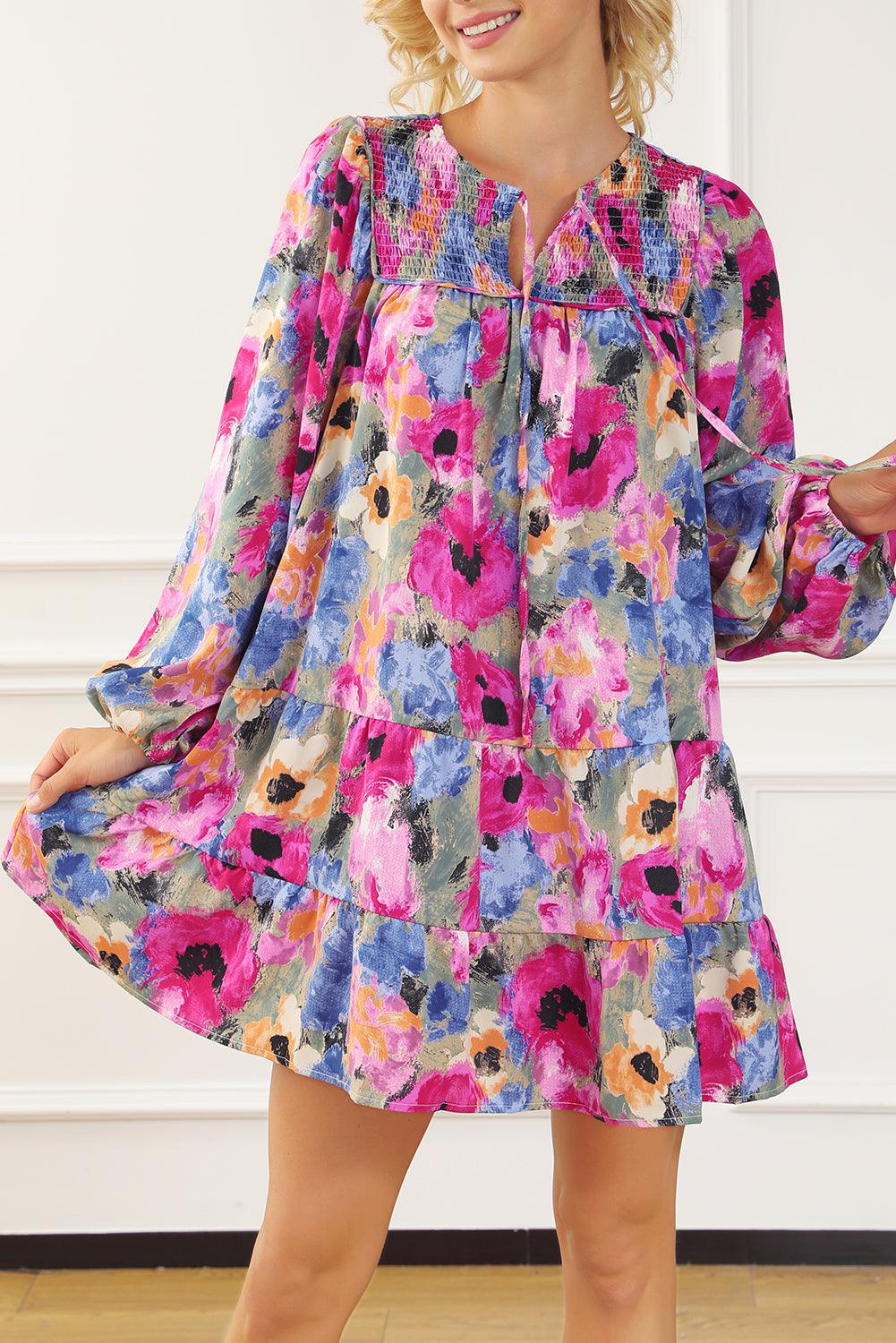 Bloemenprint Shift Jurk met Strik en Pofmouwen - Floral Dresses - Jurkjes.co