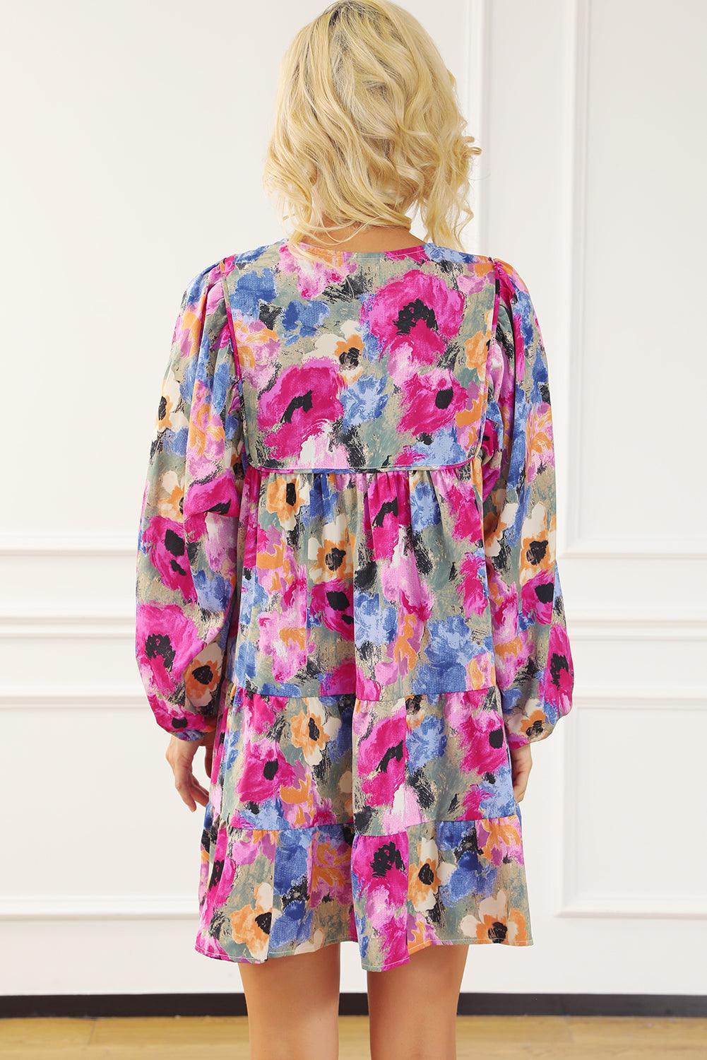 Bloemenprint Shift Jurk met Strik en Pofmouwen - Floral Dresses - Jurkjes.co