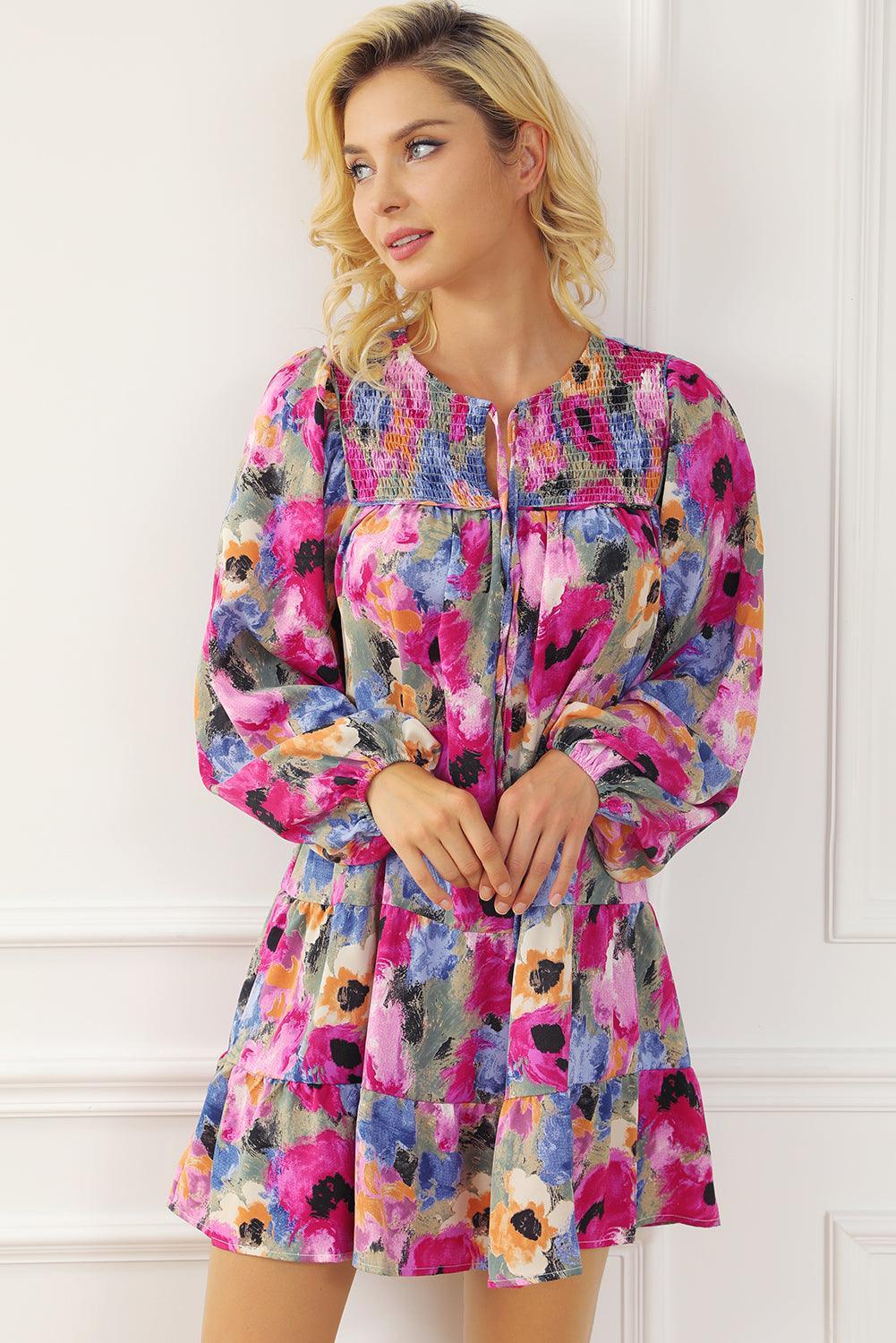 Bloemenprint Shift Jurk met Strik en Pofmouwen - Floral Dresses - Jurkjes.co