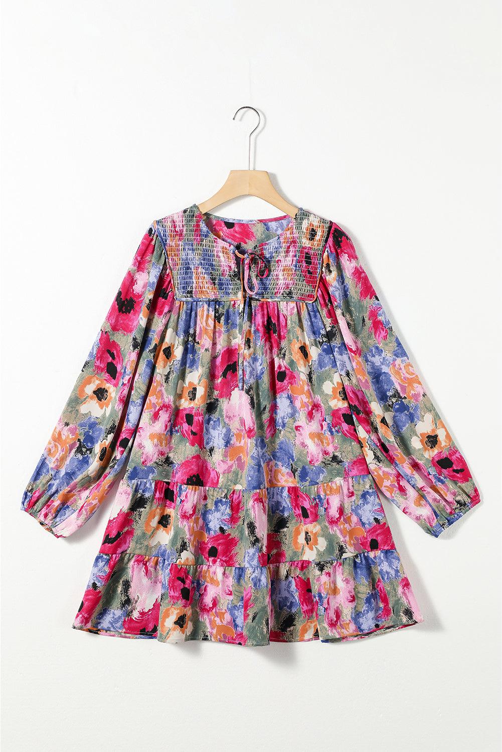 Bloemenprint Shift Jurk met Strik en Pofmouwen - Floral Dresses - Jurkjes.co