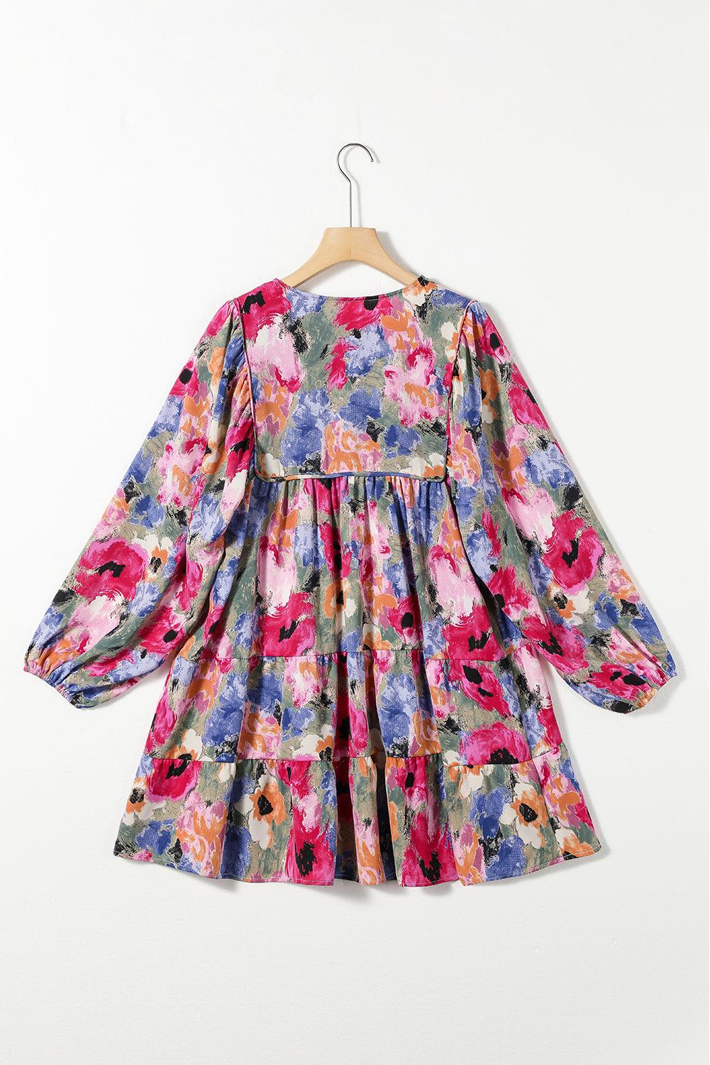 Bloemenprint Shift Jurk met Strik en Pofmouwen - Floral Dresses - Jurkjes.co