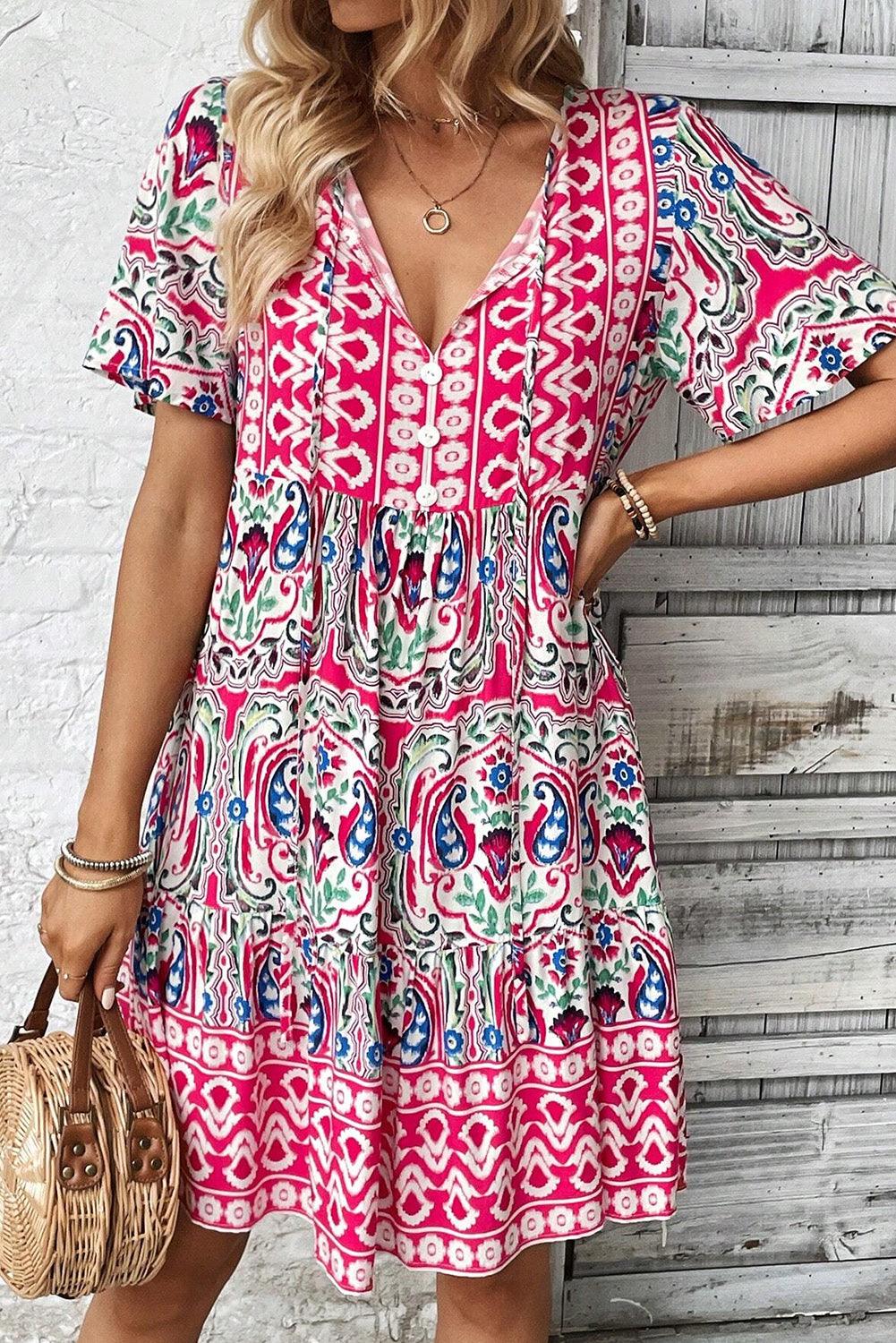 Bohemien Print Jurk met Strik en Ruches - Mini Dresses - Jurkjes.co