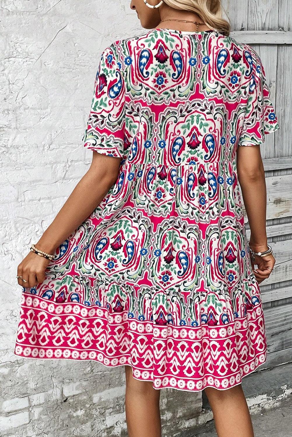 Bohemien Print Jurk met Strik en Ruches - Mini Dresses - Jurkjes.co