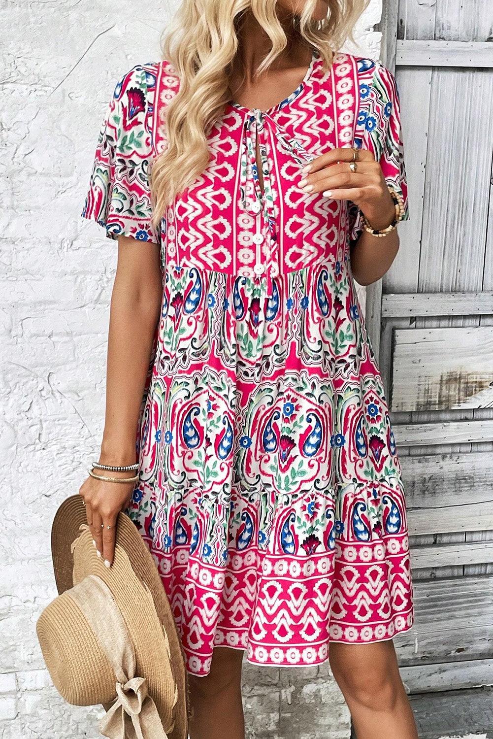 Bohemien Print Jurk met Strik en Ruches - Mini Dresses - Jurkjes.co