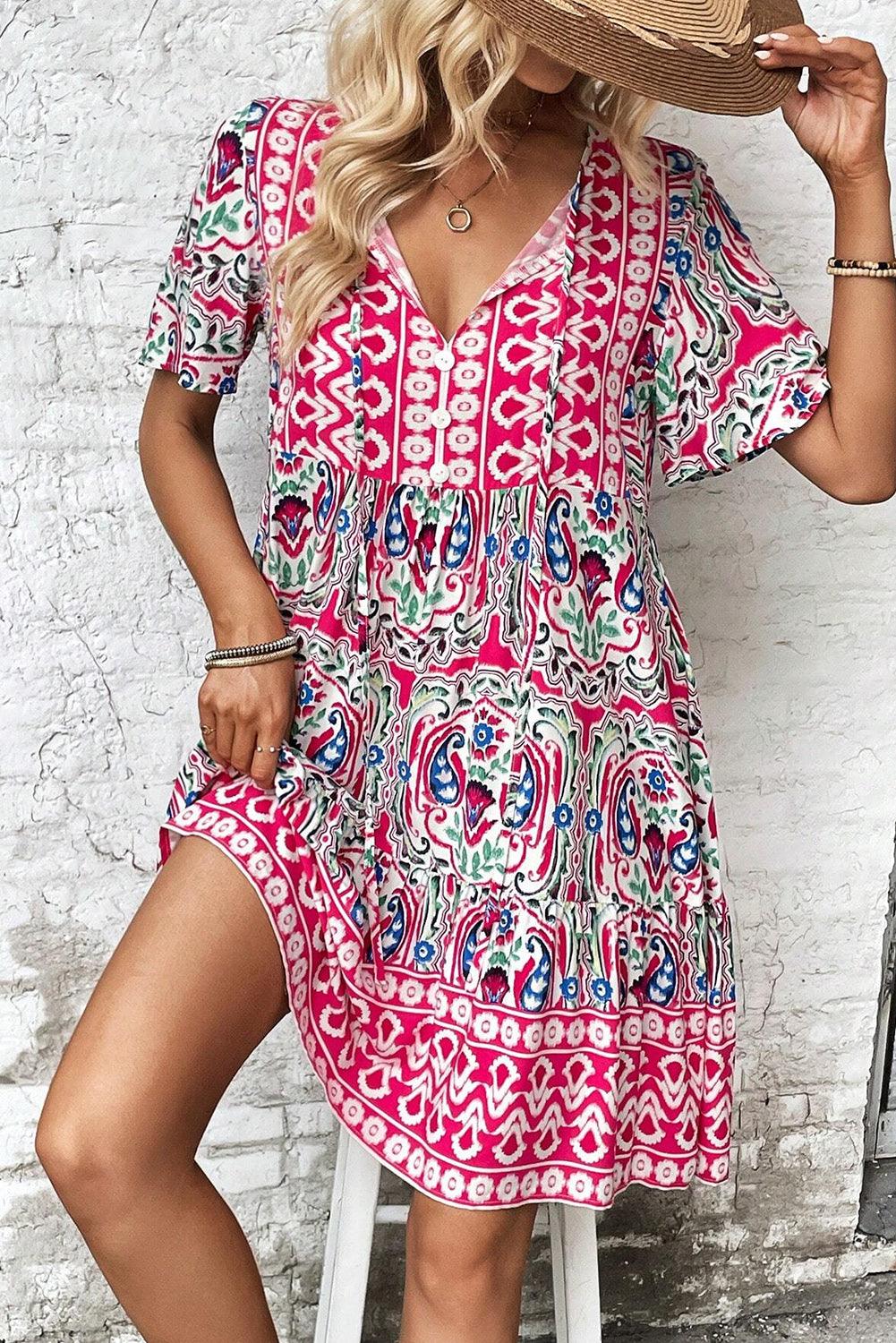 Bohemien Print Jurk met Strik en Ruches - Mini Dresses - Jurkjes.co