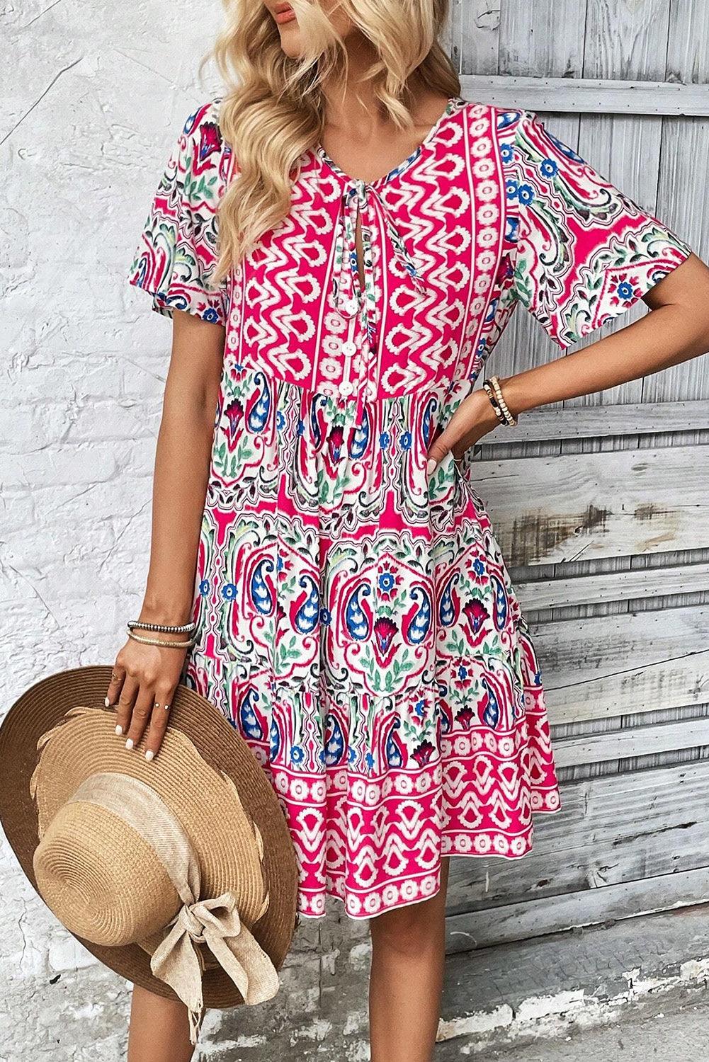 Bohemien Print Jurk met Strik en Ruches - Mini Dresses - Jurkjes.co