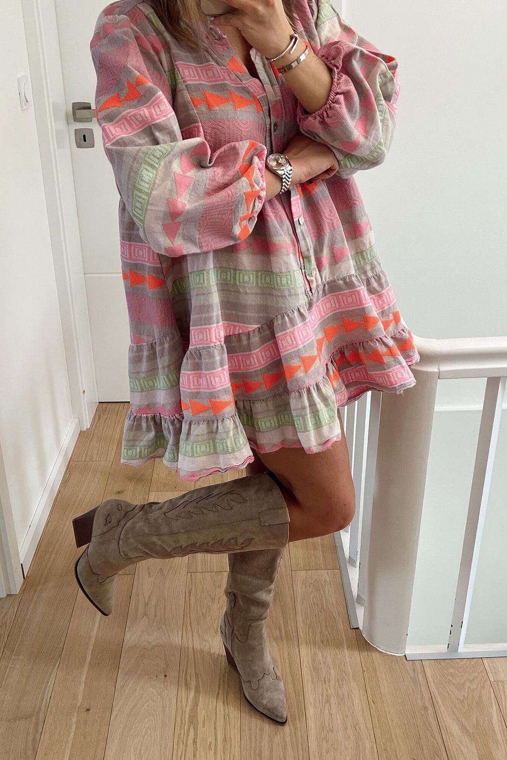 Boho Babydoll Jurk met Pofmouwen - Mini Dresses - Jurkjes.co