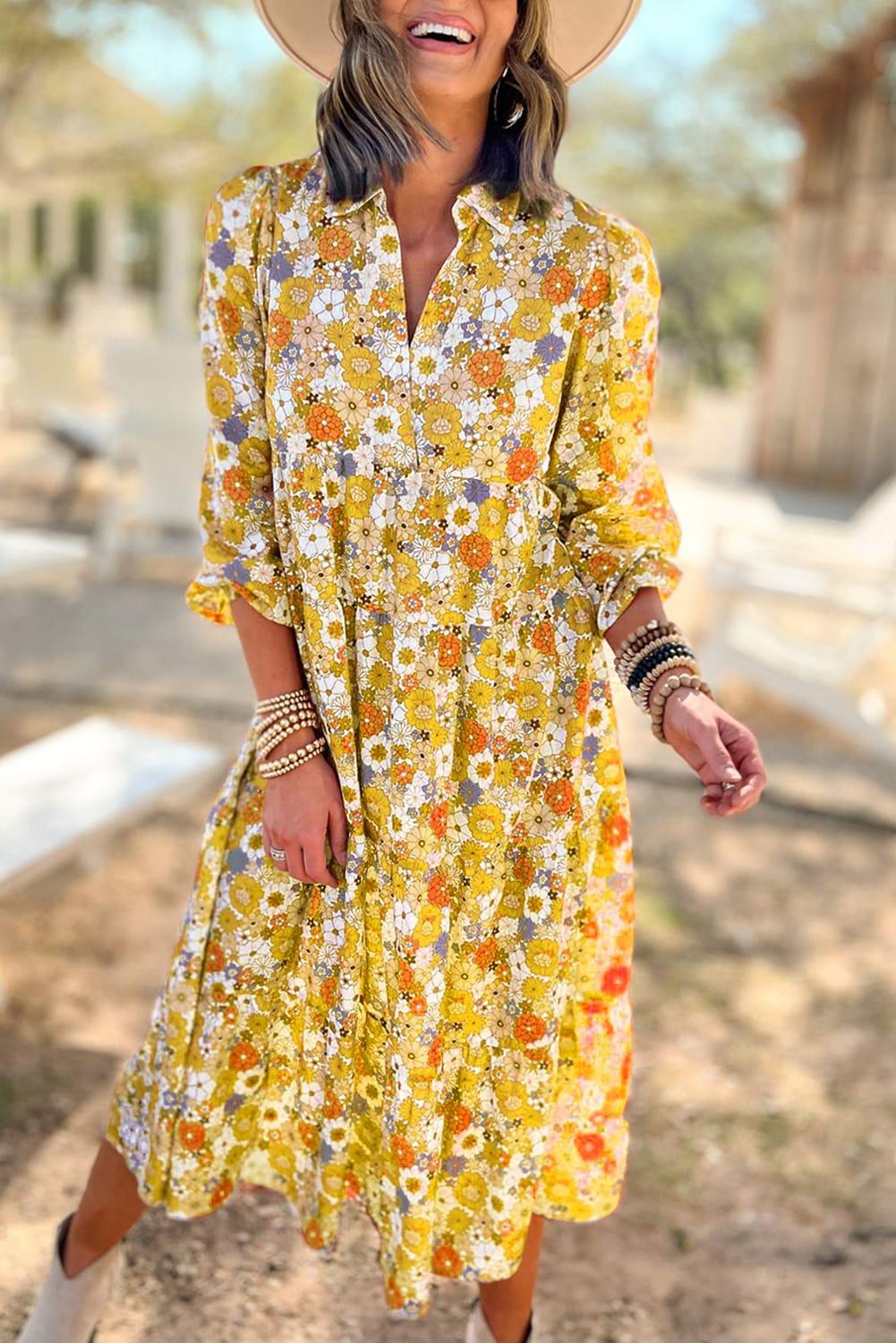 Boho Bloemenjurk met Kraag en Ruches - Floral Dresses - Jurkjes.co