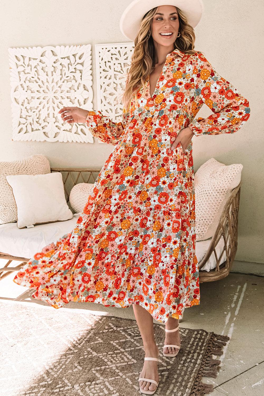 Boho Bloemenjurk met Kraag en Ruches - Floral Dresses - Jurkjes.co