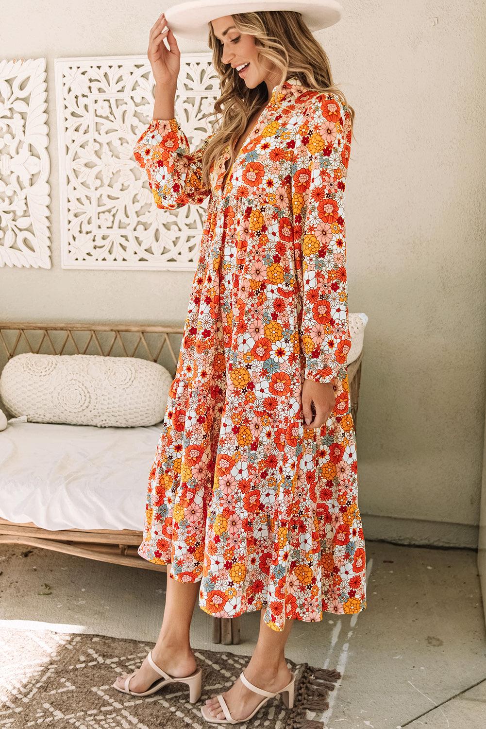 Boho Bloemenjurk met Kraag en Ruches - Floral Dresses - Jurkjes.co