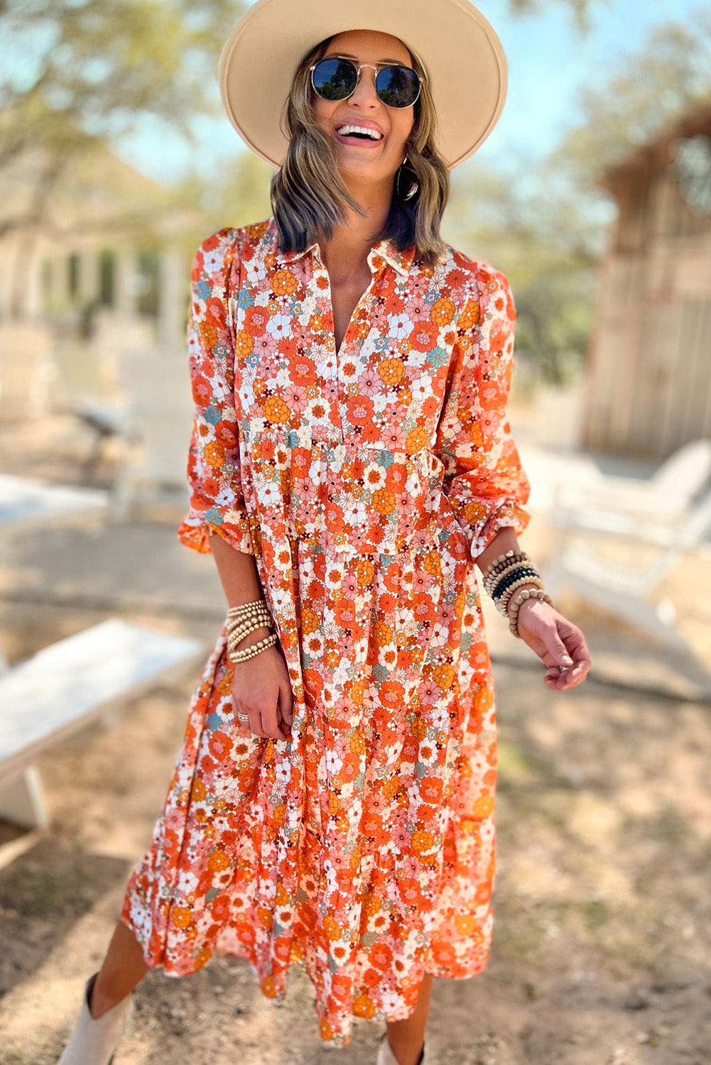 Boho Bloemenjurk met Kraag en Ruches - Floral Dresses - Jurkjes.co