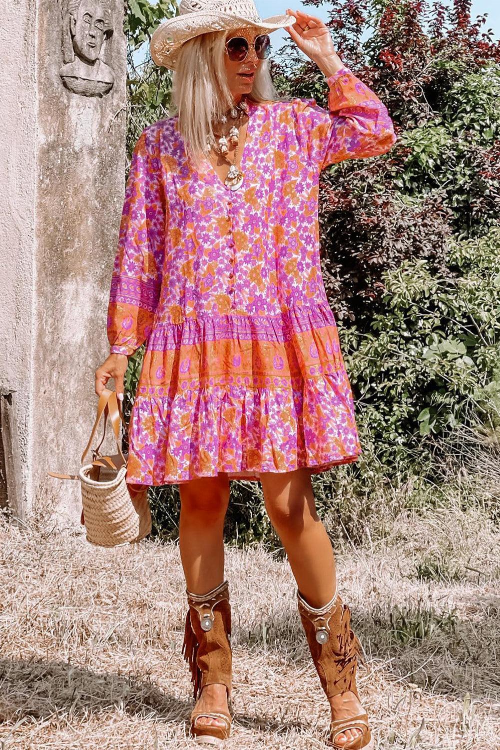 Boho Bloemenjurk met Pofmouwen en V-Hals - Floral Dresses - Jurkjes.co