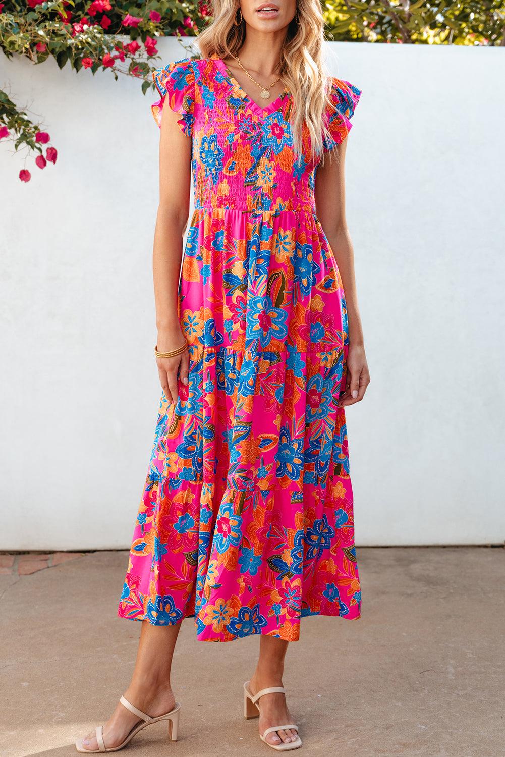 Boho Bloemenjurk met V-hals en Ruches - Maxi Dresses - Jurkjes.co