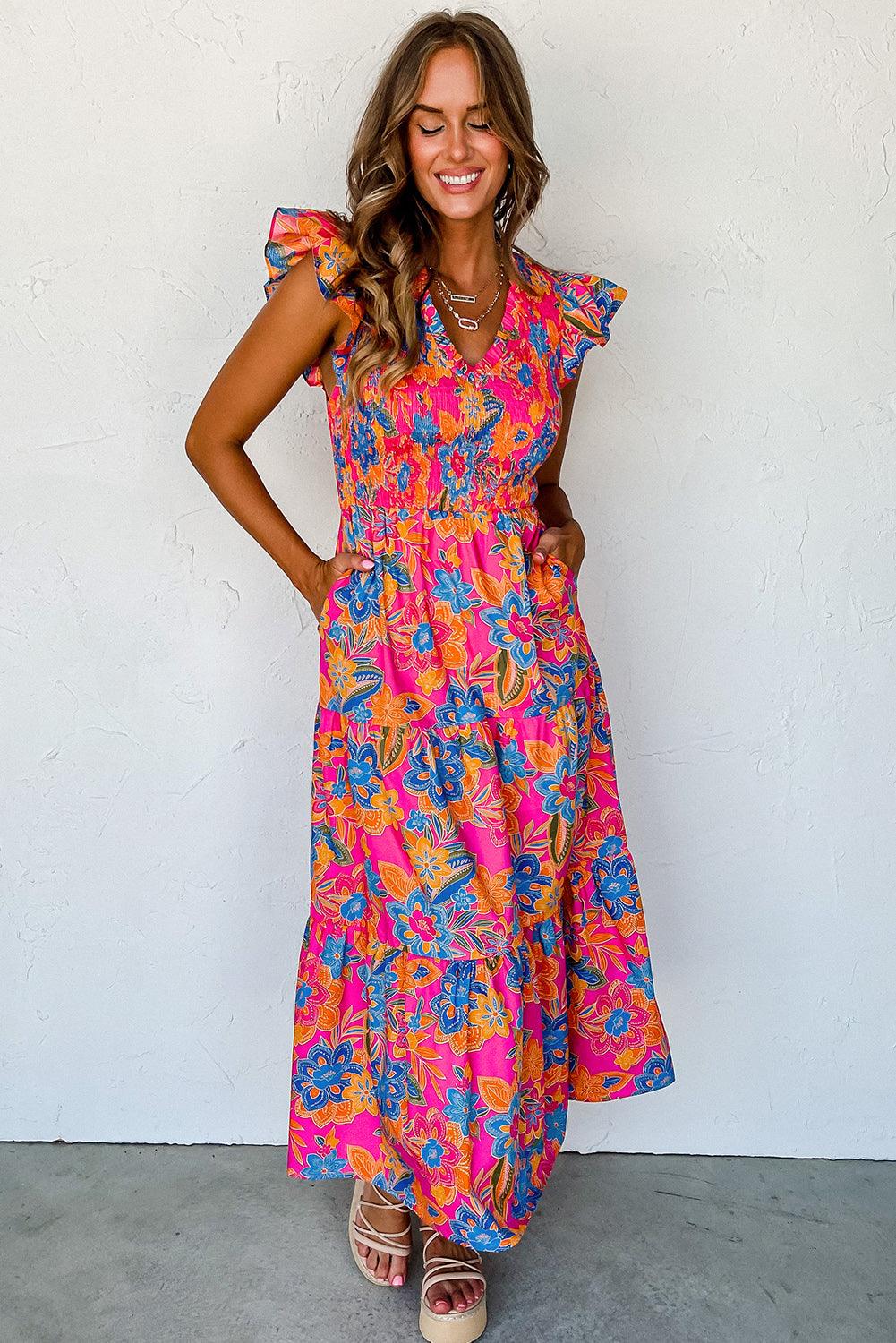 Boho Bloemenjurk met V-Hals en Ruches - Maxi Dresses - Jurkjes.co