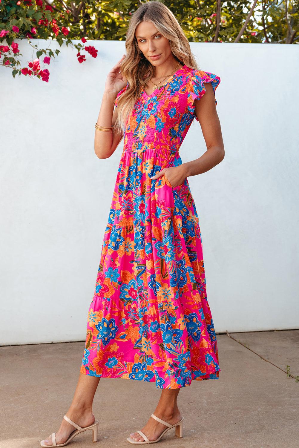 Boho Bloemenjurk met V-hals en Ruches - Maxi Dresses - Jurkjes.co