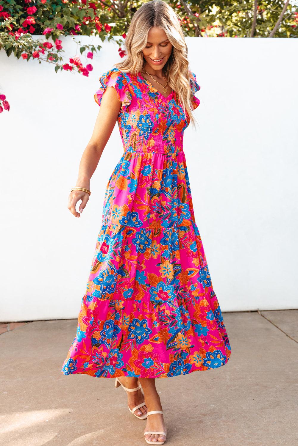 Boho Bloemenjurk met V-hals en Ruches - Maxi Dresses - Jurkjes.co